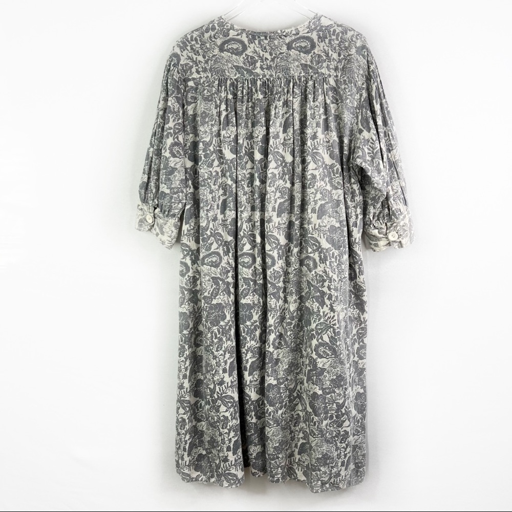 Magnolia Pearl Cordelia Block Print Tunic Dress Blue Floral 3/4 Sleeve Pockets - Picture 2 of 4